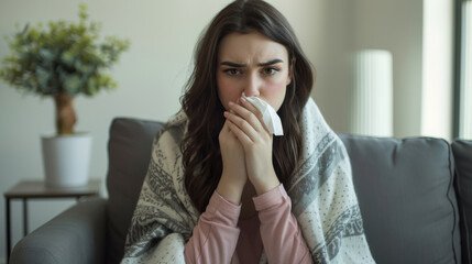 A woman wrapped in a knit blanket sits on a couch holding a mug.