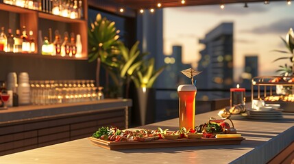 a digital scene of a rooftop bar with a sleek cocktail table, showcasing a variety of tapas and a prominently displayed beer bottle