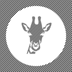 A large giraffe head symbol in the center as a hatch of black lines on a white circle. Interlaced effect. Seamless pattern with striped black and white diagonal slanted lines