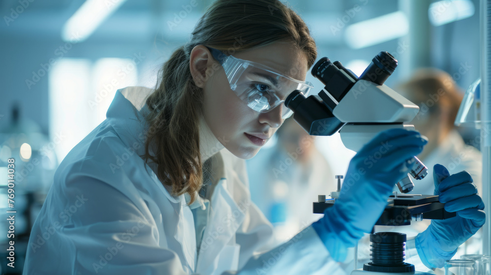 Poster a scientist is examining a specimen through a microscope in a modern laboratory setting.