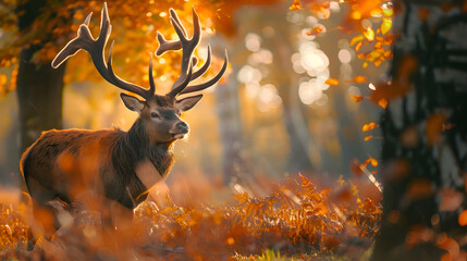 A regal red deer standing amidst autumn foliage