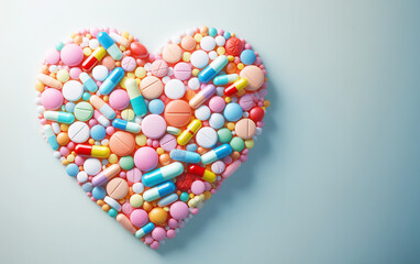 Ein Herz - gefüllt mit Medikamenten auf hellblauem Hintergrund, copy space