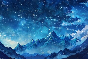 a mountain range with stars in the sky - obrazy, fototapety, plakaty