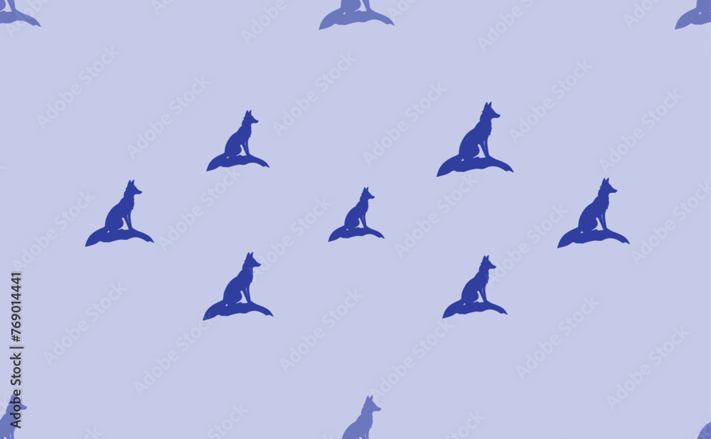 Poster seamless pattern of large isolated blue fox symbols. the pattern is divided by a line of elements of