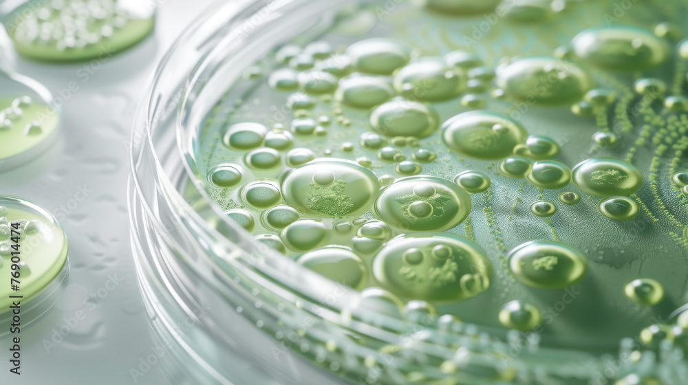 Poster petri dish with clusters of green microalgae under examination in a lab setting.