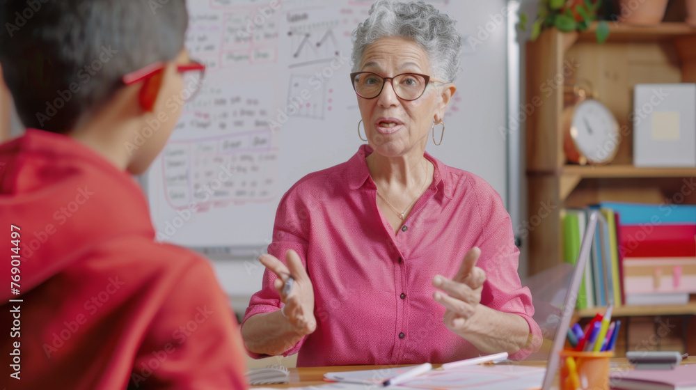 Poster an educator discusses a topic with visible graphs on the whiteboard behind her.