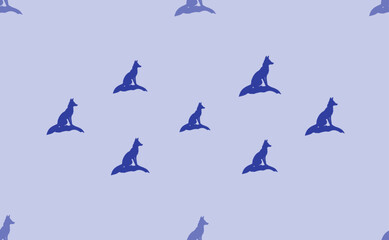 Seamless pattern of large isolated blue fox symbols. The pattern is divided by a line of elements of lighter tones. Vector illustration on light blue background