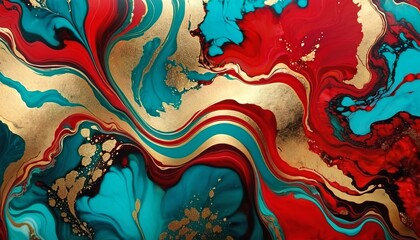 abstract liquid art painting using alcohol ink technique, liquid art, liquid oil. Abstract marble waves painted with red, gold and blue. Wide banner. Concept design, print, background