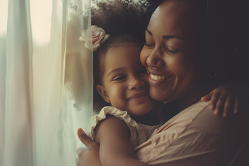 Photo of a happy smiling africanamerican woman hugging her little daughter standing near the...