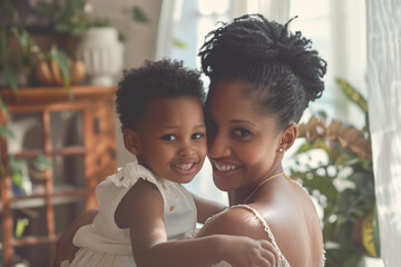 Photo of a mother and her little daughter hugging and smiling at the camera, soft natural light...