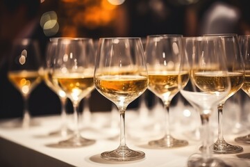 Close-up view of a series of white wine glasses filled with chilled wine, set on a table with warm, bokeh lighting in the background. Row of Chilled White Wine Glasses on Table