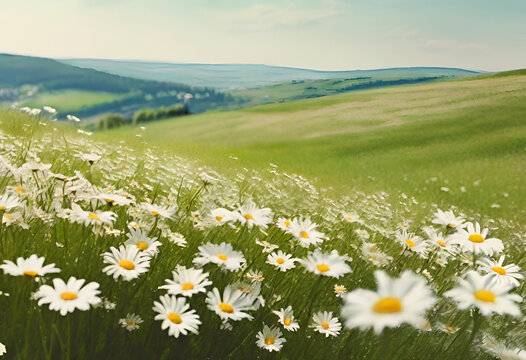 Serene image of daisies in a field with hills in the distance.