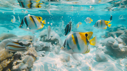 A school of fish gracefully swimming in crystal clear waters