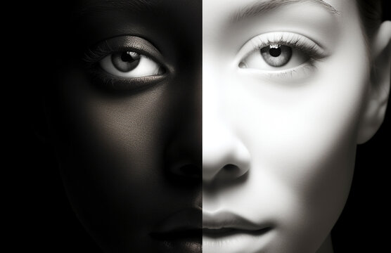 Black and white portrait of a woman half face