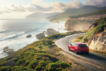 Red sedan enjoys a picturesque journey on a winding coastal road with vibrant ocean views - obrazy, fototapety, plakaty
