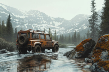 4x4 vehicle crossing a river with majestic mountains and forest in the background