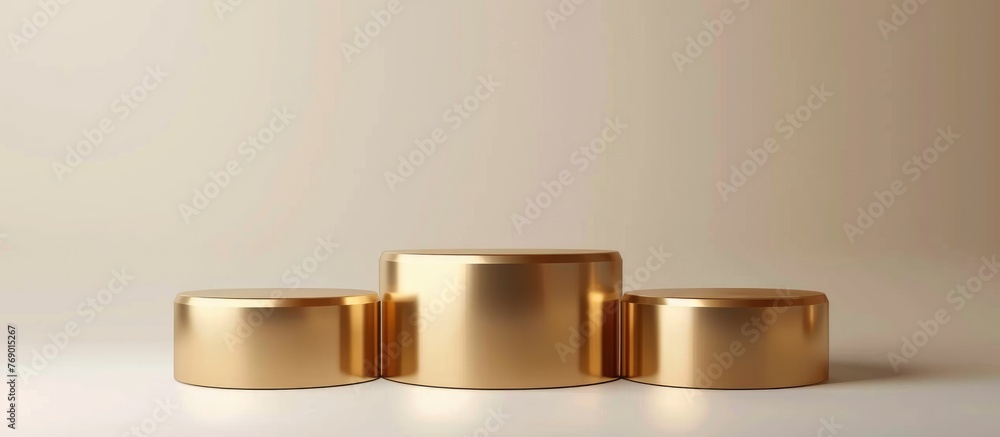 Poster Golden cylinder podium on white background. .