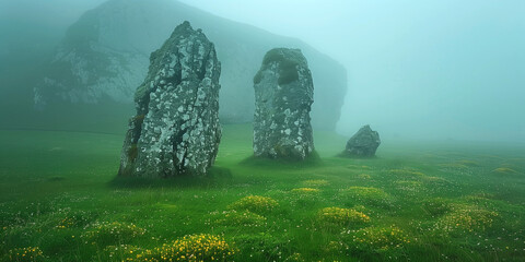 ancient megalithic stones on a foggy morning on a meadow in mountain valley