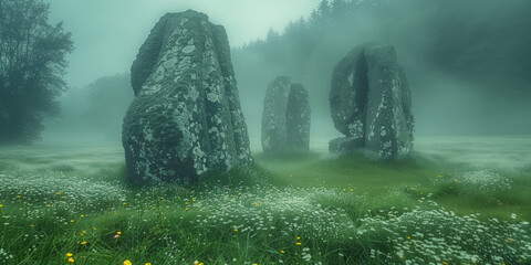 ancient megalithic stones on a foggy morning in a beautiful valley