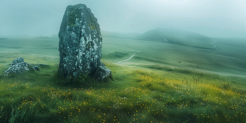 mysterious lonely megalith in a morning fog - Powered by Adobe
