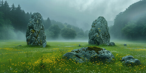 ancient megalithic stones on a foggy morning in a beautiful valley - obrazy, fototapety, plakaty