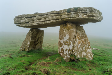 ancient megalithic dolmen on a foggy morning in a meadow