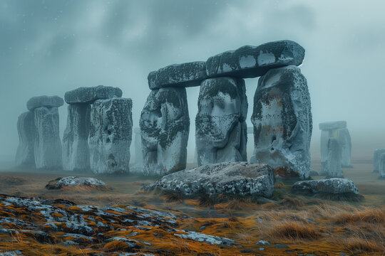 ancient megalithic cromlech on a foggy autumn day