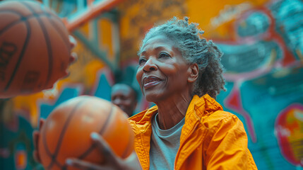 A senior woman with a radiant smile holds a basketball, ready to play, set against a colorful...