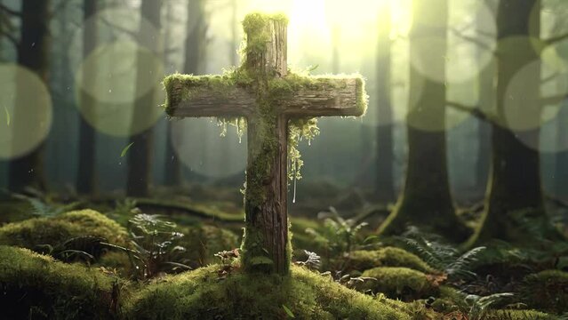 Traverse the depths of the forest where an ancient grave monument, its rough surface softened by a blanket of moss, bears witness to the passage of time in captivating 4K looping footage.