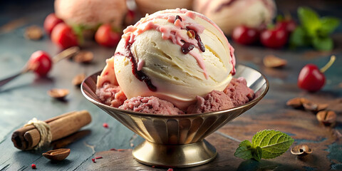 A scoop of ice cream with syrup in a metal bowl, surrounded by cherries and spices on a wooden table