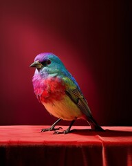 A colorful bird in the spotlight on a table, contrasted against a deep red, evoking curiosity