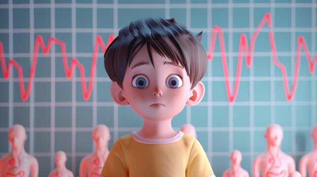 A 3D illustration depicting a child in the center, looking hopeful against a heart rate monitor background
