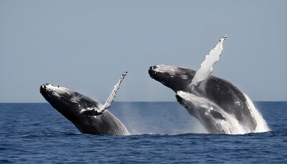 A Family Of Humpback Whales Breaching In Celebrati