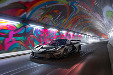 A high-performance sports car races through a vibrant tunnel with colorful graffiti art