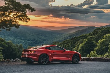 Fototapeta na wymiar Luxury red sports car parked with a scenic mountain sunset backdrop