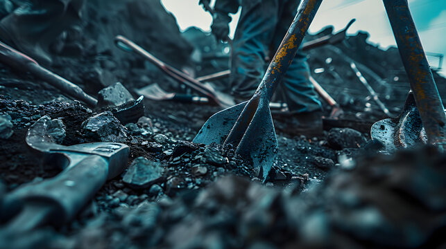 a many tools and shovels laying around in a coal mine and two coal miners working with the tools
