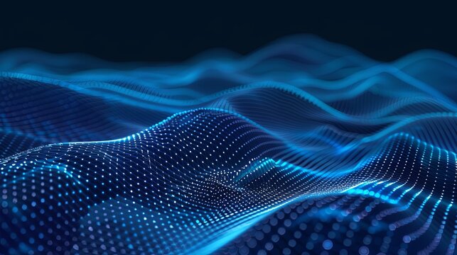 Abstract blue light particles in motion on a dark background. Digital wave technology concept for design and wallpaper.