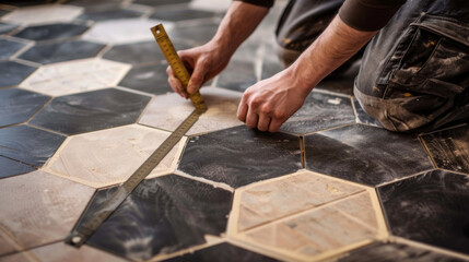 Hands are precisely measuring and laying patterned tiles on a floor. - obrazy, fototapety, plakaty