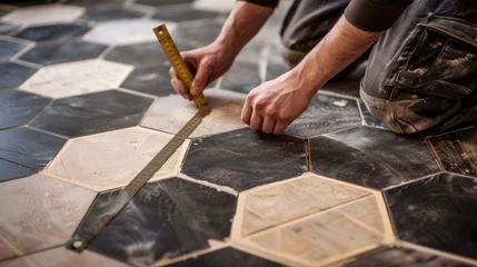 Stoff pro Meter Hands are precisely measuring and laying patterned tiles on a floor. © MP Studio