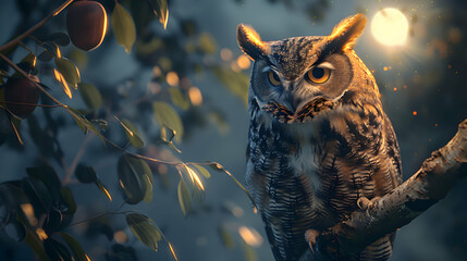 A wise old owl perched on a branch in the moonlight
