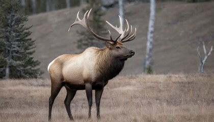 An Elk Bull With A Majestic Rack Of Antlers Stand