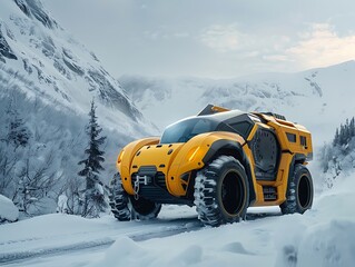 a futuristic yellow truck seamlessly blending into the Norwegian winter scenery