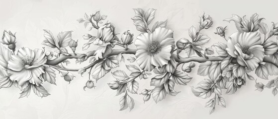 Elegant floral vine drawing, detailed and ornamental, with a touch of whimsy, perfect for high-end wallpaper or luxury stationery