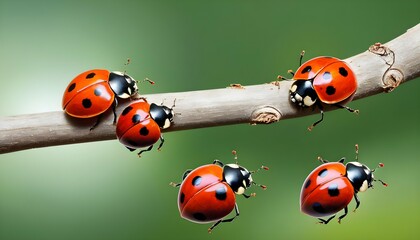 Ladybugs Crawling On A Tree Branch - obrazy, fototapety, plakaty