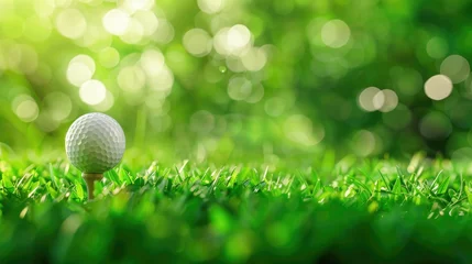 Foto op Canvas Close-up golf ball on tee with blur green bokeh background. © inthasone