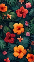Gordijnen Exotic vibrant floral vine pattern, tropical leaves and flowers create bold fabric print, colorful and lively © Fokasu Art