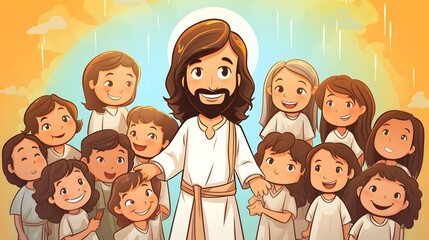Jesus Christ with a Diverse Group of Children in a Joyful and Uplifting