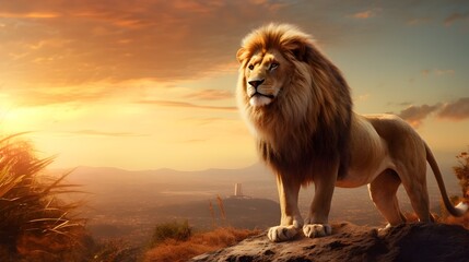 Majestic Lion Atop Rocky Cliff Overlooking Dramatic Sunset Landscape