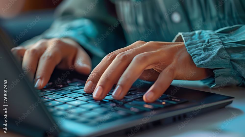 Poster close-up of hands typing on a backlit laptop keyboard in a dimly lit setting.