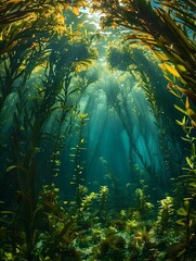 Fototapeta na wymiar Mysterious Underwater Kelp Forest Reveals Nature's Vibrant Aquatic Ecosystem